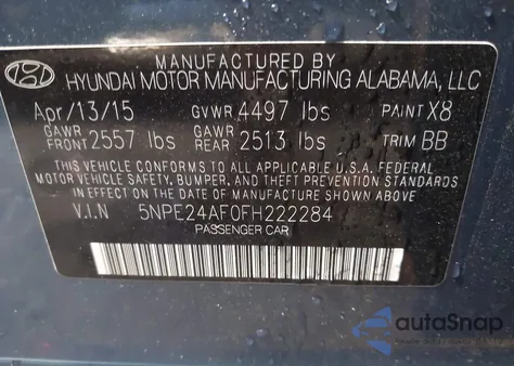 2015 Hyundai Sonata Se из США, поврежденный, VIN 5NPE24AF0FH222284